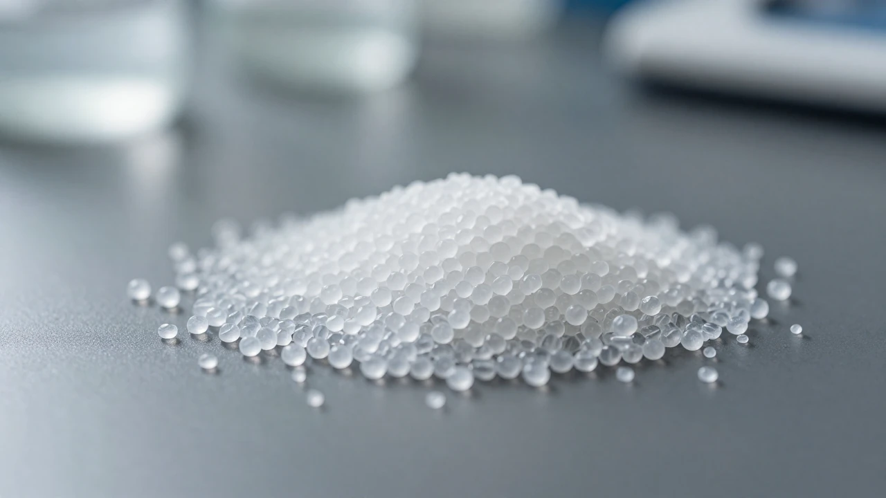 Pequeños gránulos de bioplástico translúcido sobre una mesa de laboratorio oscura.