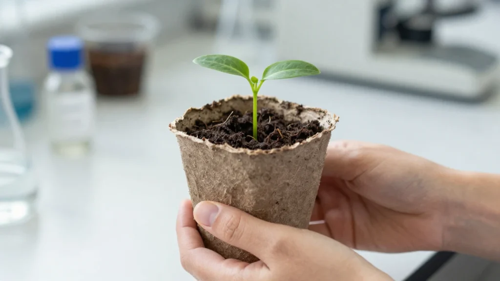Manos sostienen una maceta compostable con una plántula en un laboratorio botánico.