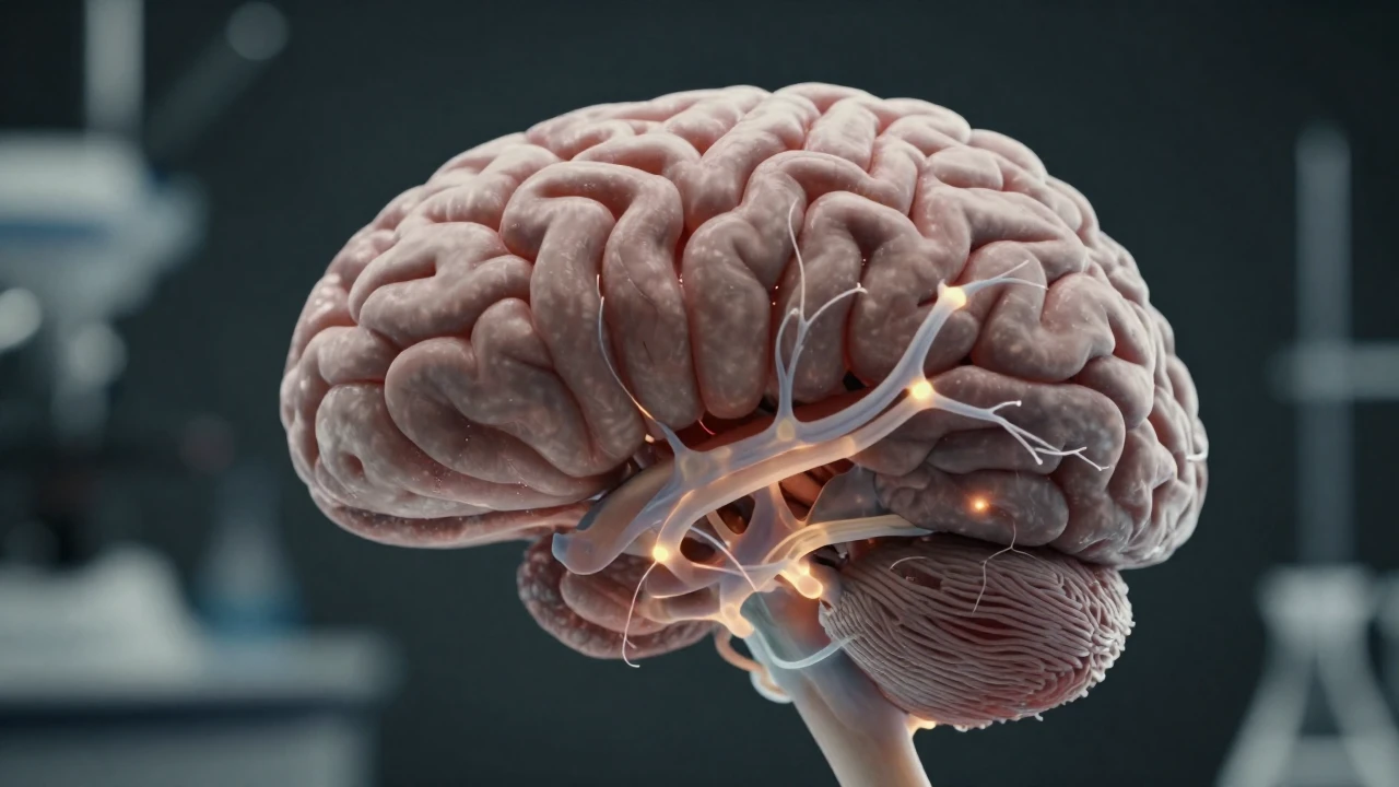 Cerebro humano con conexiones neuronales brillantes y en regresión, en un laboratorio científico.