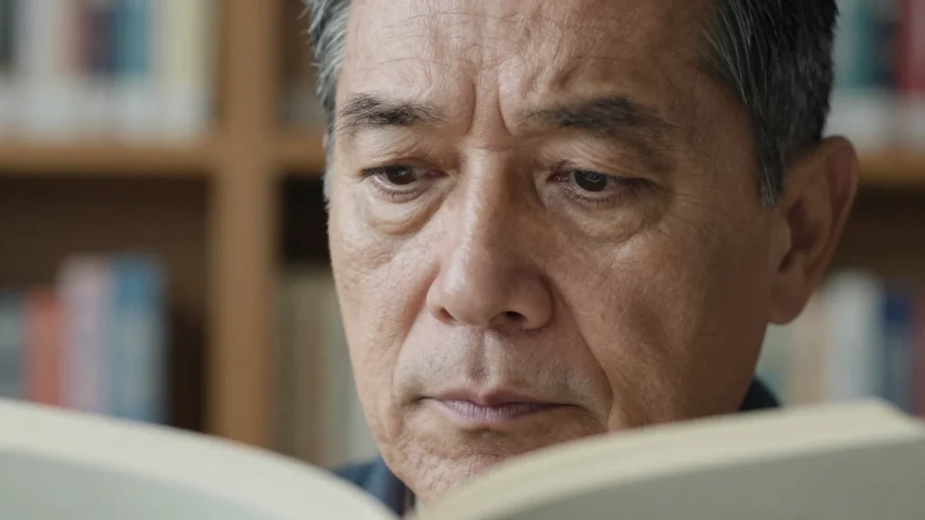 Una persona adulta reflexiona con un libro abierto sobre su regazo en una biblioteca.
