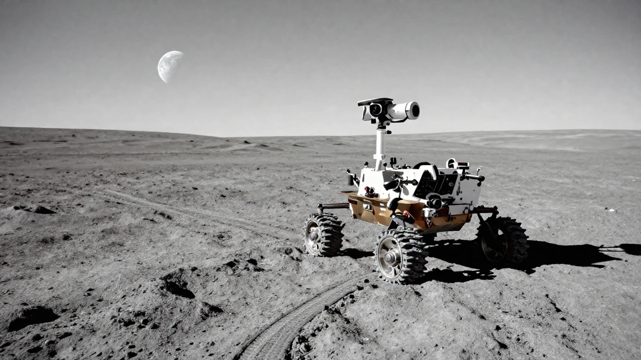 Un rover espacial explora la superficie lunar con la Tierra visible en el horizonte.