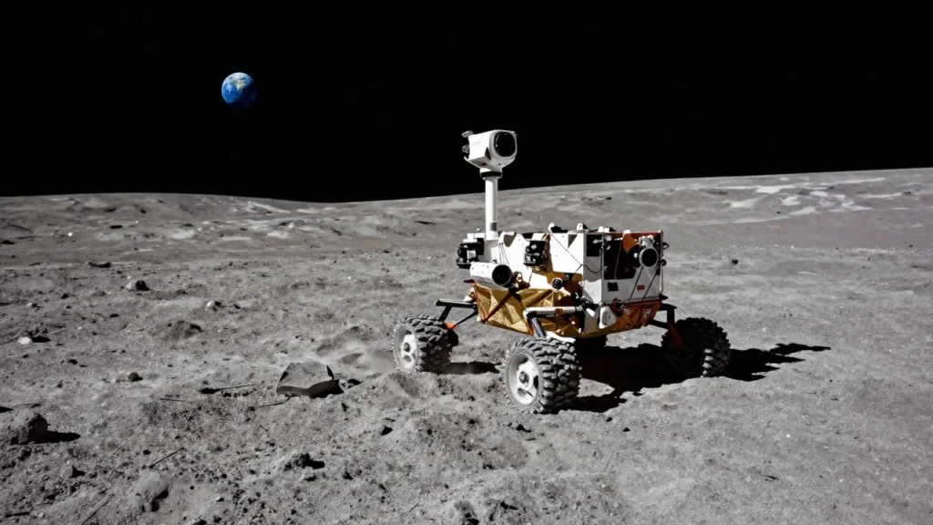 Rover lunar explorando el borde de un cráter con la Tierra visible al fondo.