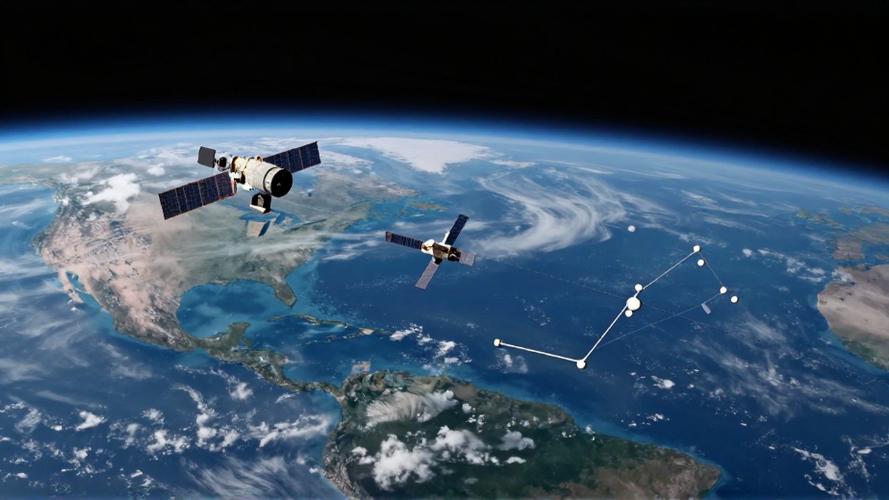 Tres satélites en distintas órbitas rodean la Tierra sobre un fondo de espacio oscuro.