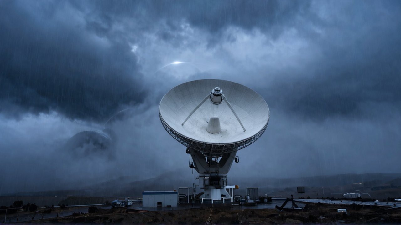 Antenas parabólicas metálicas en una estación de satélites rodeadas de densa niebla y lluvia.
