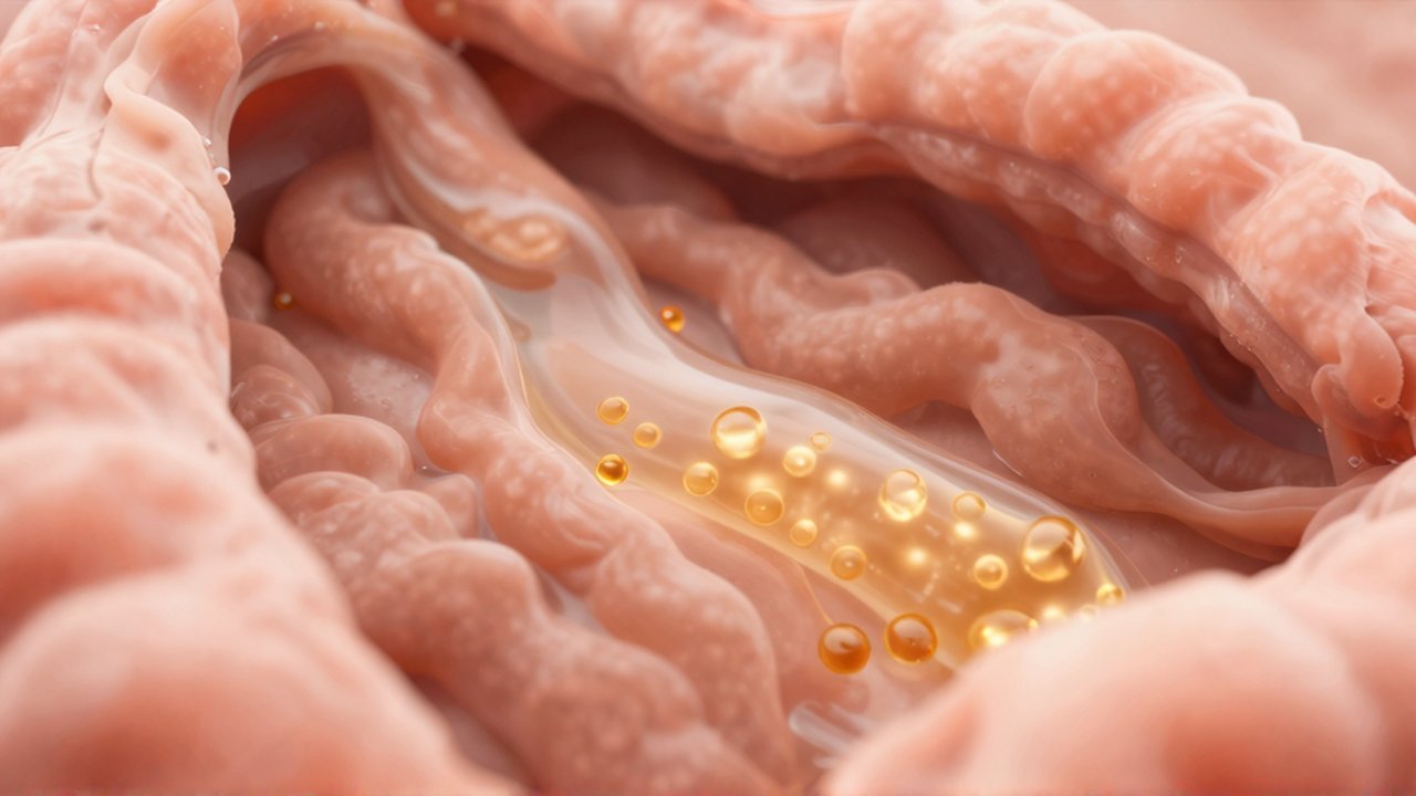 Microscópica vista de vellosidades intestinales con gotas doradas de lípidos y moléculas en un fluido translúcido.