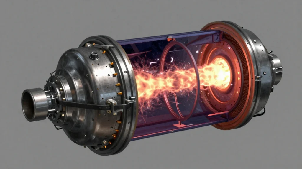 Interior de un reactor de fusión nuclear con plasma confinado por campos magnéticos.