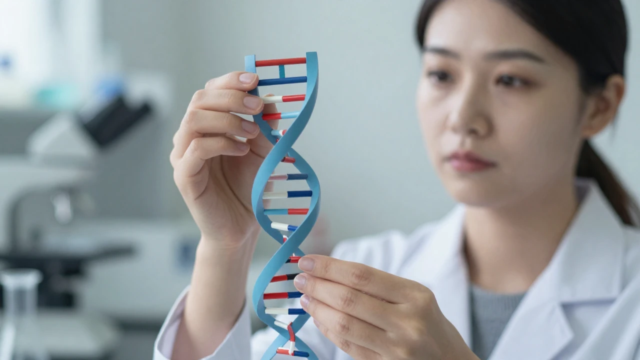 Manos sostienen un modelo de doble hélice de ADN en un laboratorio científico.