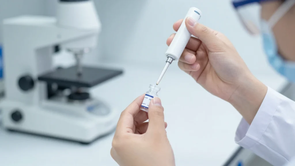 Un profesional de la salud pipetea una muestra líquida en un vial de laboratorio.