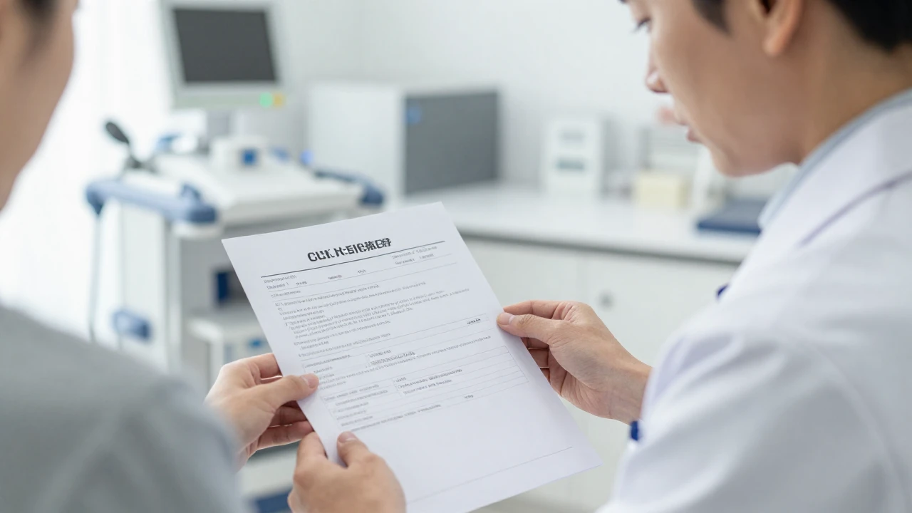 Médico y paciente revisan los resultados de un análisis genético en consulta.