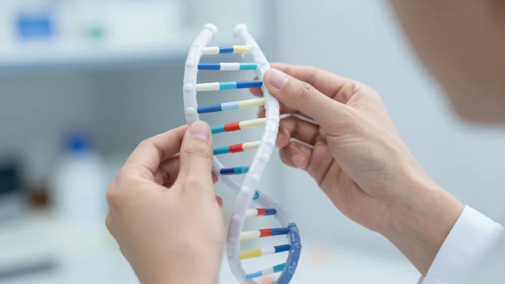 Manos sosteniendo un modelo de ADN en un laboratorio médico con fondo desenfocado.