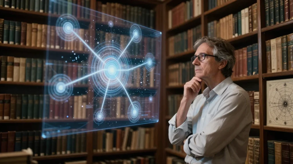 Físico frente a una proyección holográfica de múltiples universos en una biblioteca antigua.