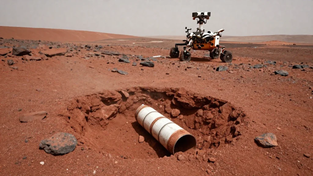 El rover Perseverance de la NASA excava una muestra en el suelo rocoso marciano.