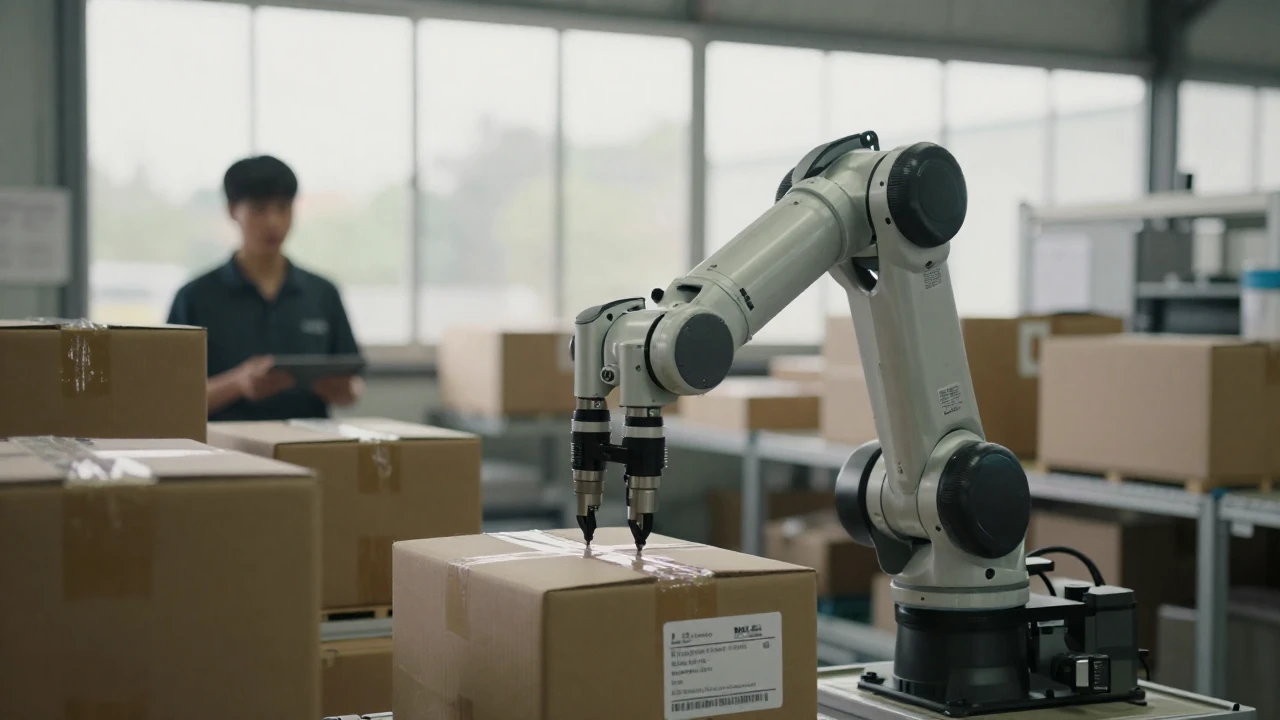 Un brazo robótico clasifica paquetes en un almacén logístico moderno y automatizado.