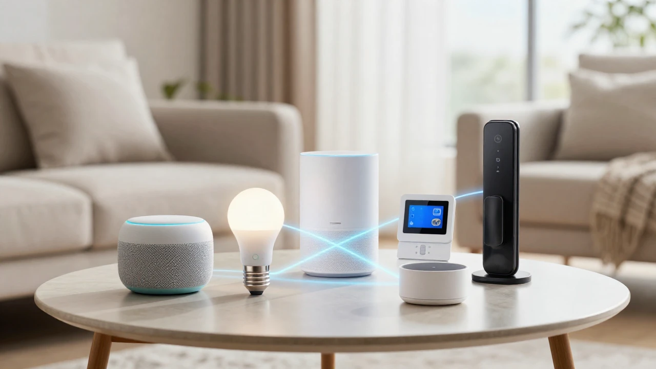 Salón moderno con varios dispositivos inteligentes conectados entre sí sobre una mesa.