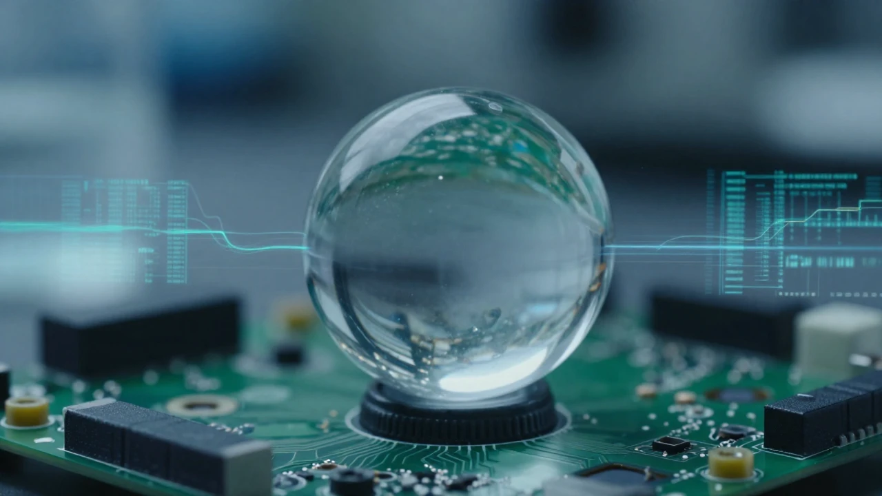Una esfera de cristal sobre una placa electrónica predice el futuro con datos holográficos.