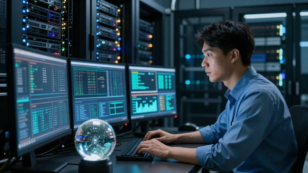 Un ingeniero de red analiza datos en múltiples monitores dentro de un centro de datos.