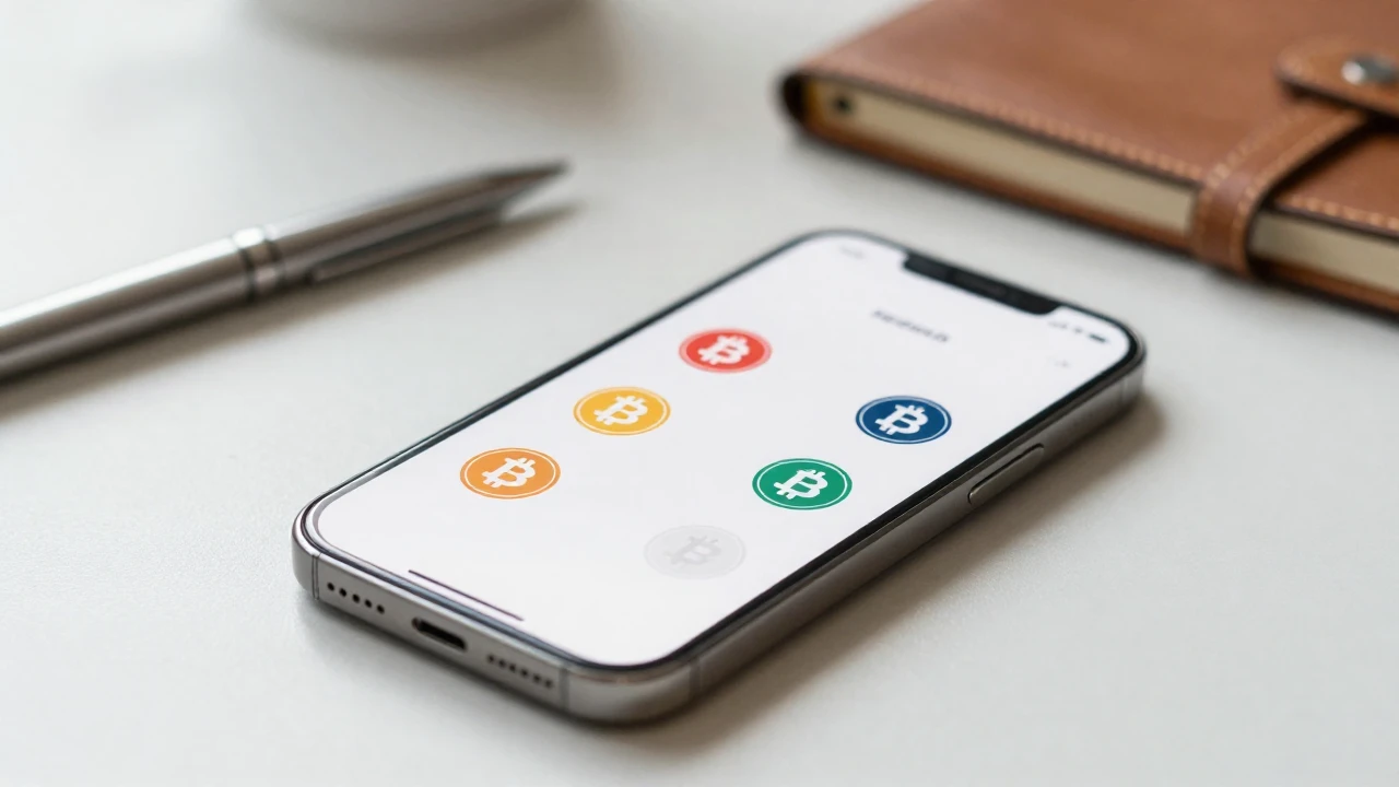 Un teléfono móvil muestra una aplicación de billetera digital con iconos de criptomonedas.