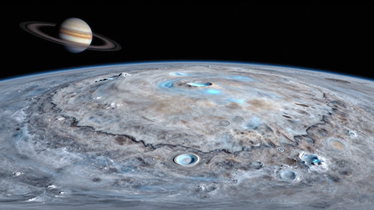Tritón, luna de Neptuno, muestra su superficie helada con llanuras y terreno irregular.