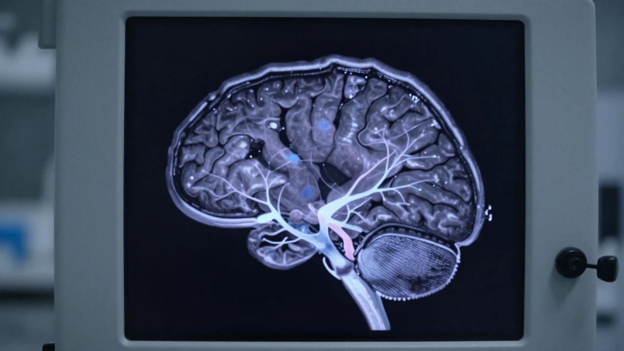 Escaneo cerebral con patrones neuronales luminiscentes en un laboratorio médico.