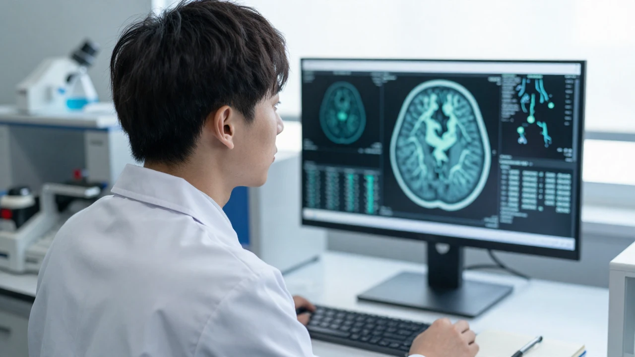Neurocientífica observa visualizaciones de actividad cerebral en una pantalla de laboratorio.
