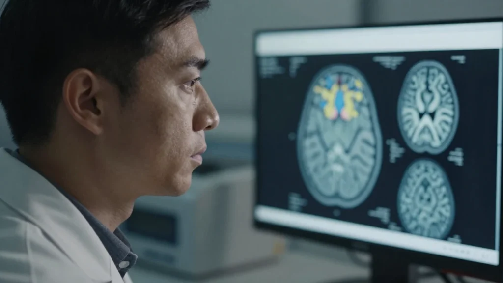 Neurocientífico estudiando imágenes de escáner cerebral en un laboratorio de investigación.