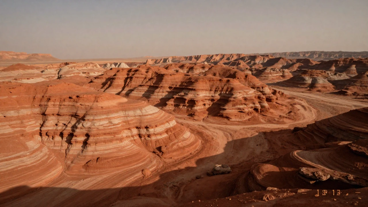 Paisaje marciano con formaciones rocosas sedimentarias y un cañón poco profundo erosionado por el viento.