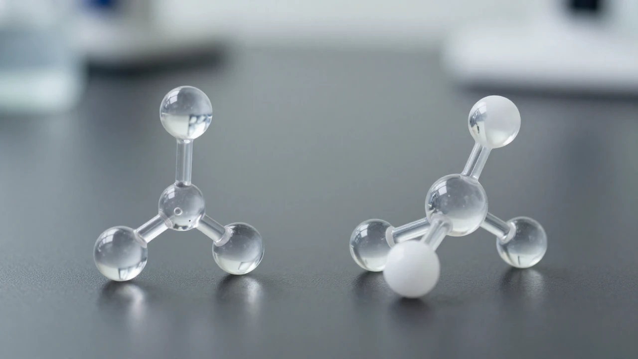 Dos modelos moleculares transparentes, uno espejo del otro, sobre fondo gris oscuro.