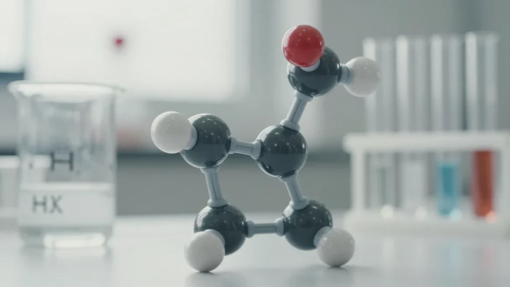 Modelo molecular quiral en un laboratorio con material de vidrio desenfocado al fondo.