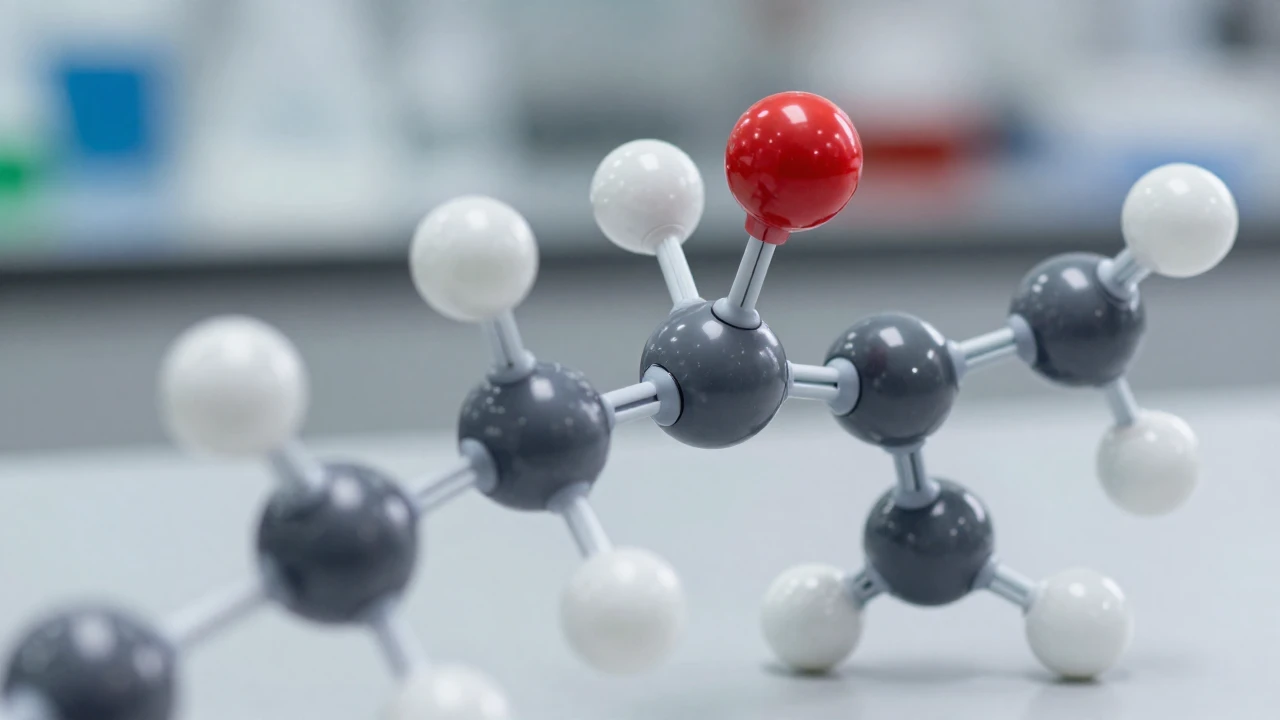 Modelo molecular de una reacción de sustitución química en un laboratorio.