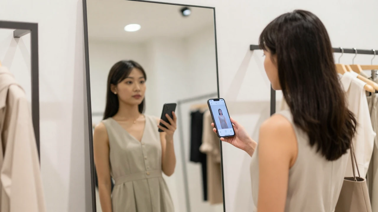 Mujer prueba virtualmente un vestido con realidad aumentada en una tienda de ropa.