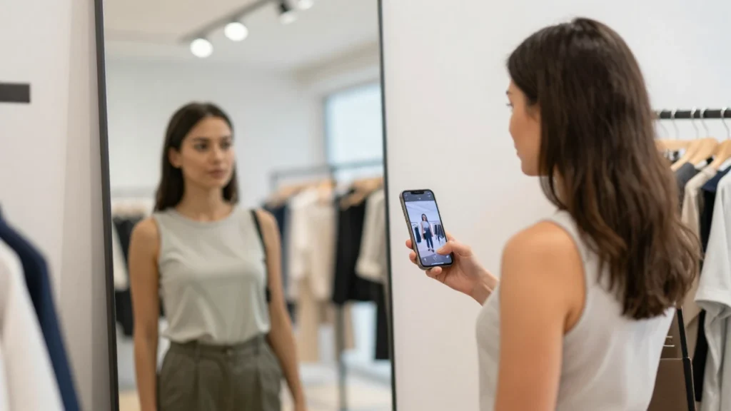 Una mujer prueba ropa virtualmente con realidad aumentada en una tienda moderna.