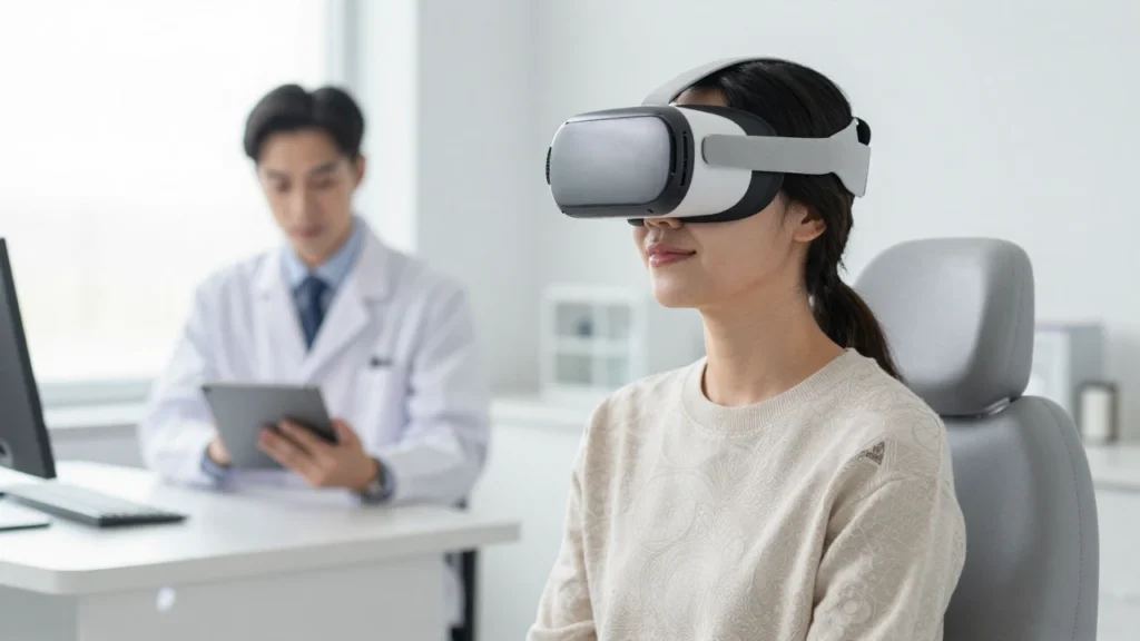 Paciente con gafas de realidad virtual relajado en consulta médica moderna.