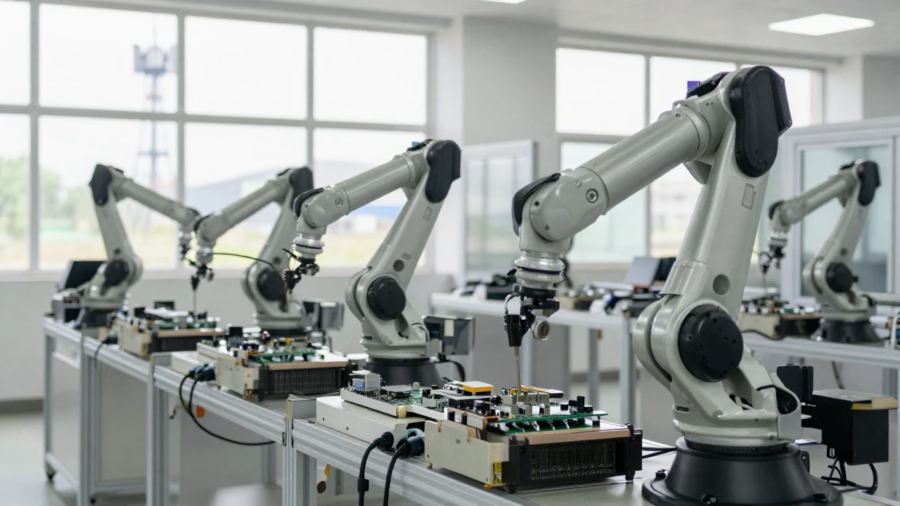 Robots ensamblan componentes electrónicos en una moderna y limpia fábrica industrial.