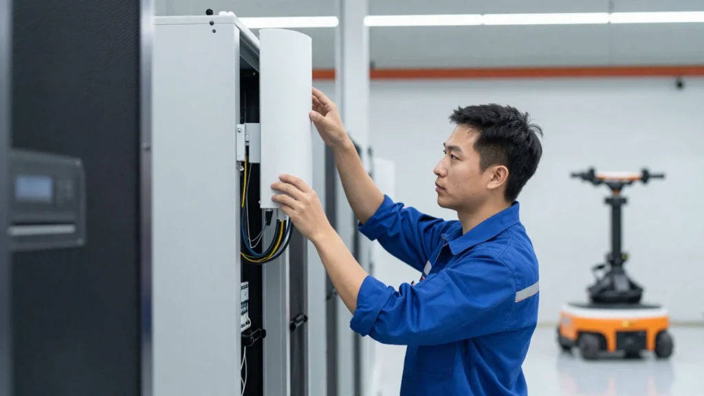 Un técnico instala una antena 5G en una luminosa y moderna nave industrial.