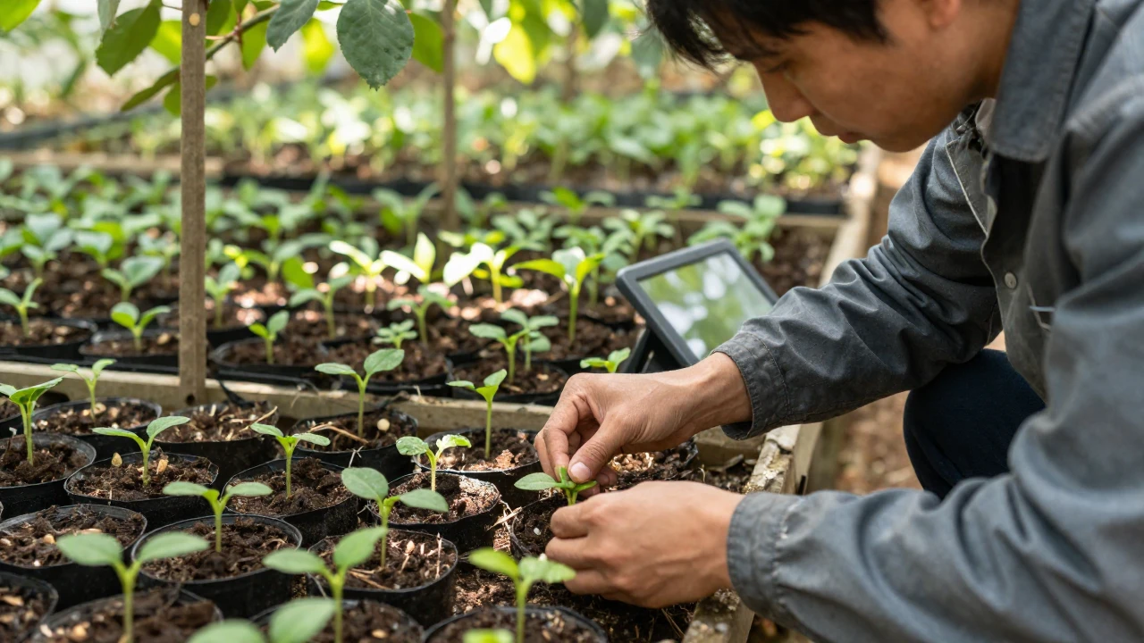 Un botánico examina con cuidado pequeños árboles en un vivero de especies nativas.