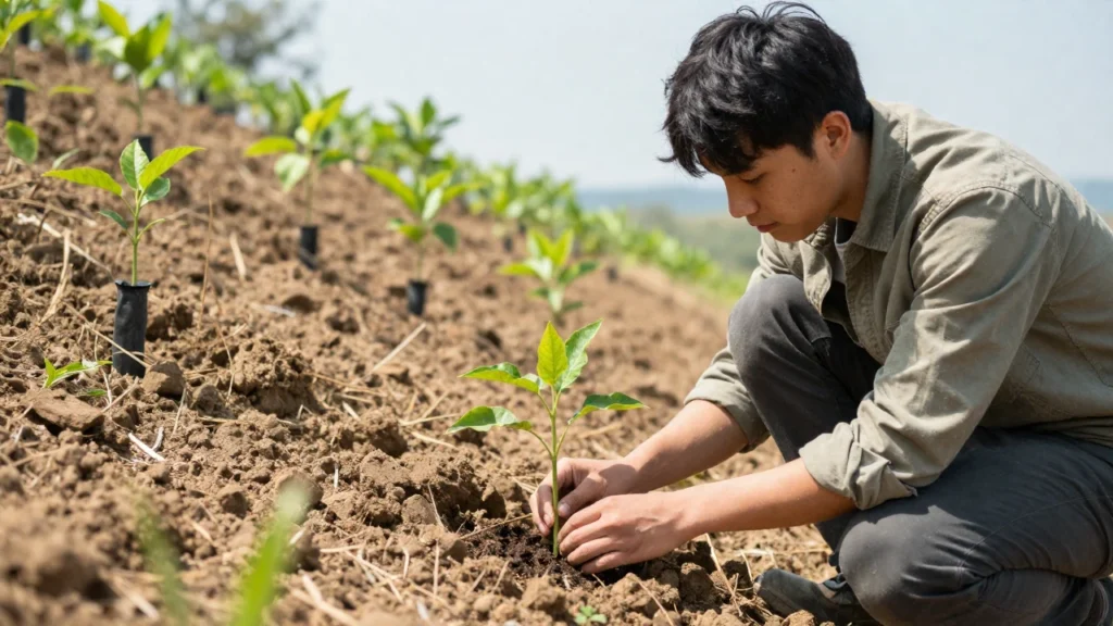 Un joven botánico planta cuidadosamente un árbol en una ladera soleada.