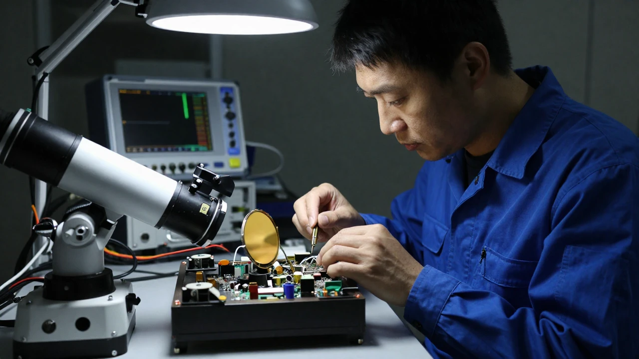 Ingeniero en sala limpia inspecciona componentes ópticos de un telescopio.