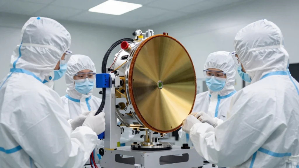 Técnicos en trajes protectores revisan un array de espejos similar al del telescopio Webb.
