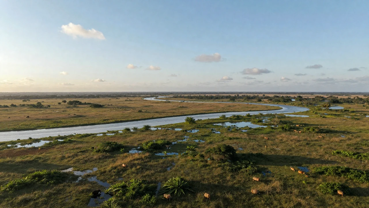 Capibaras pastan en las inundaciones del Pantanal, con el río serpenteando entre la vegetación en recuperación.