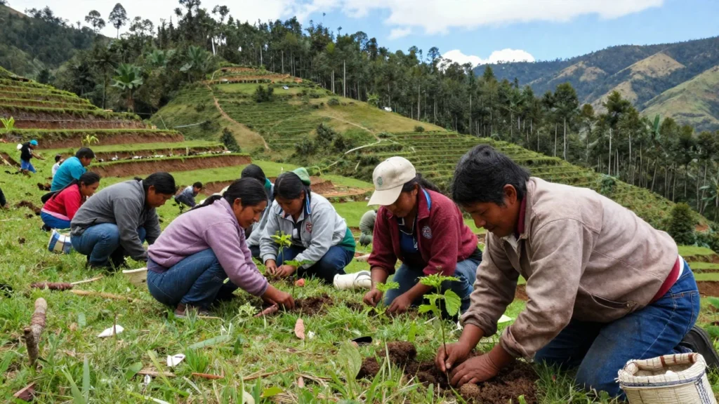 Miembros de una comunidad andina plantan árboles jóvenes en terrazas de cultivo.