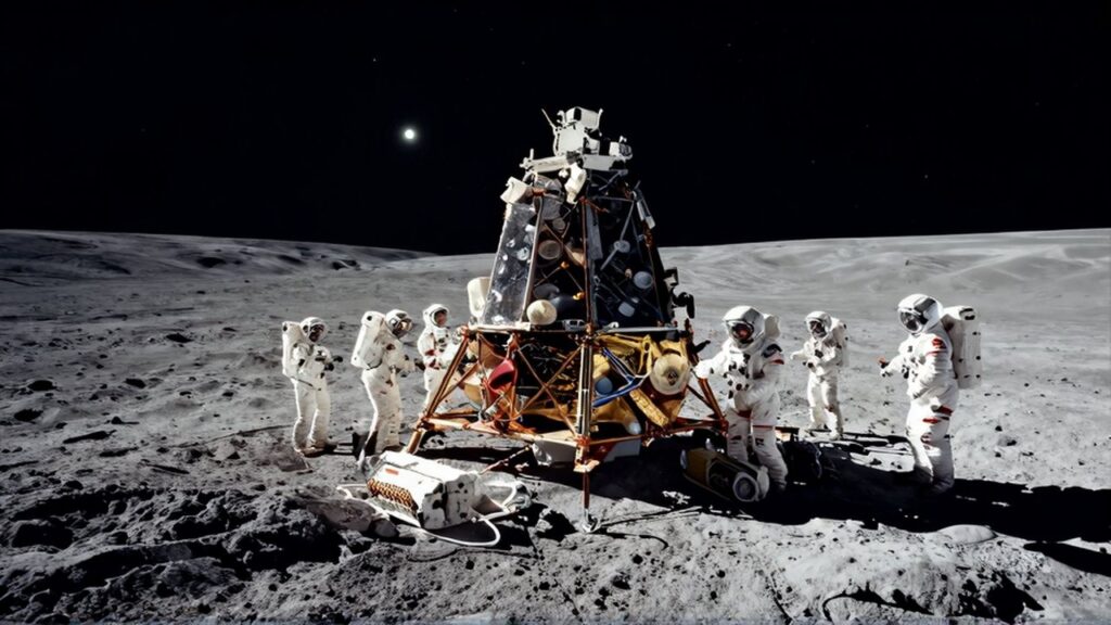 Astronautas con trajes blancos ensamblan un módulo de construcción entre bloques de regolito en la superficie lunar.