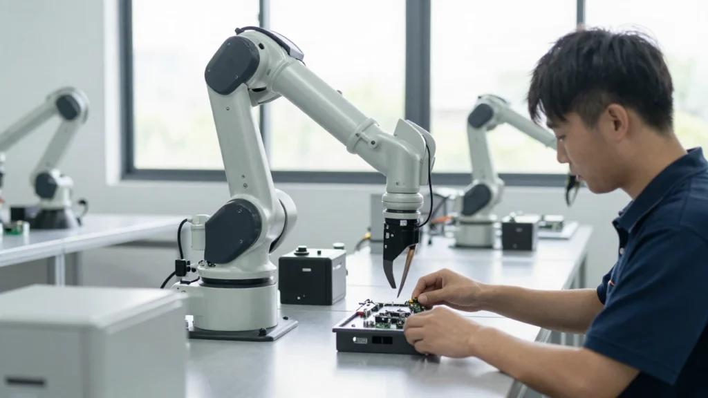 Un robot colaborativo ayuda a un operario a ensamblar componentes electrónicos en una fábrica.