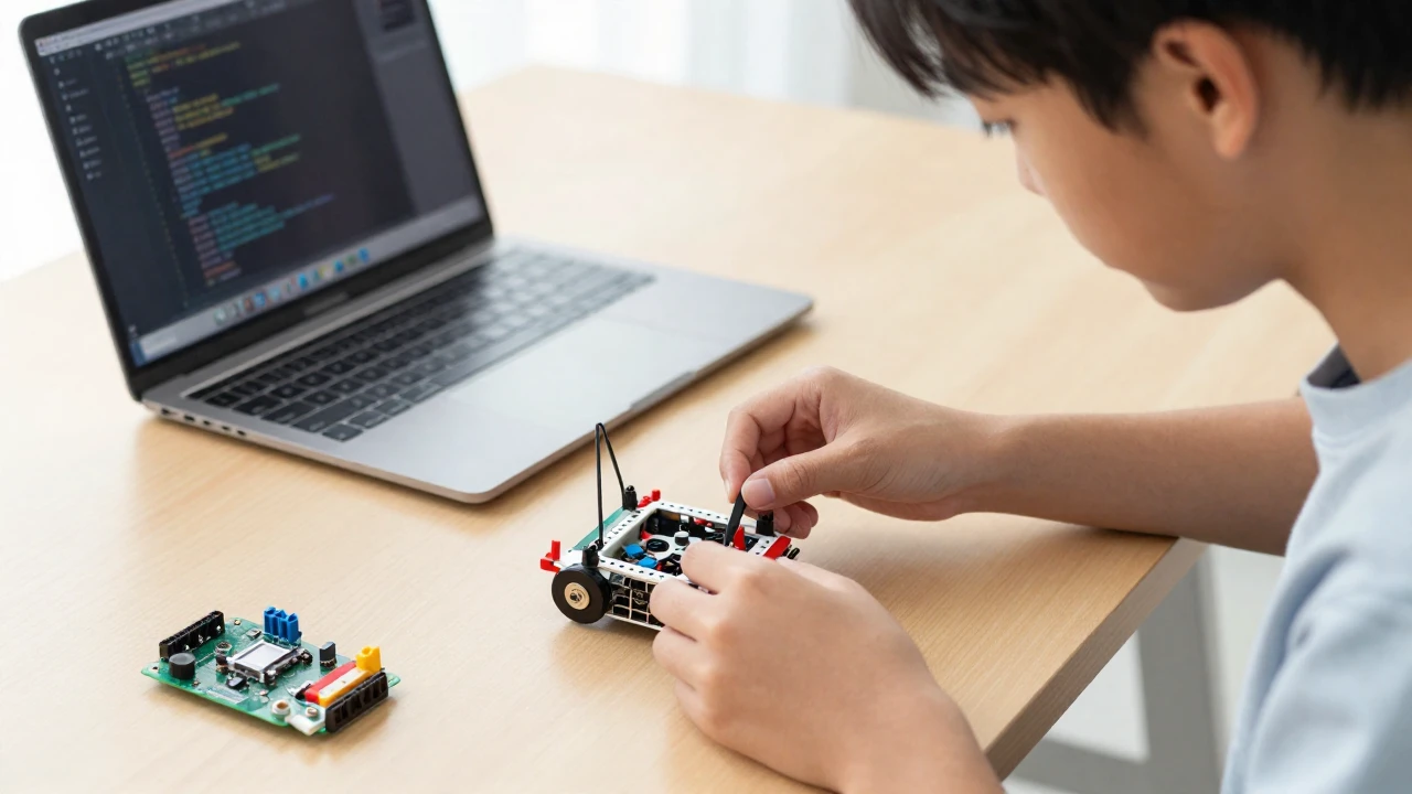 Un estudiante construye un robot modular sobre un escritorio, con código visible en un portátil.