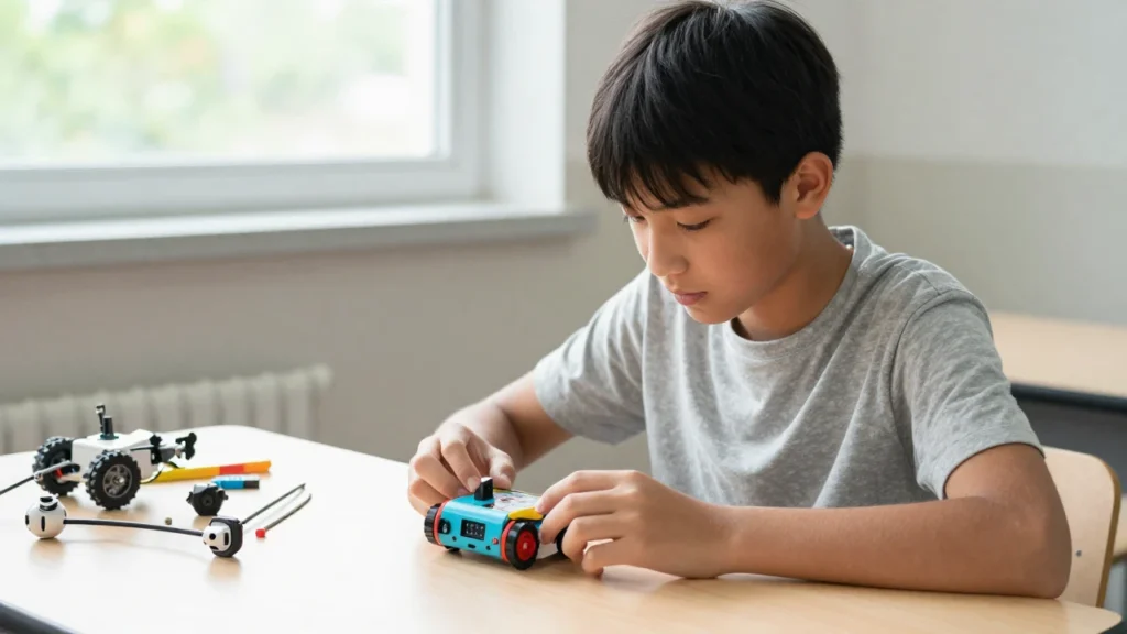 Un estudiante programa un robot educativo en un aula moderna con luz natural.