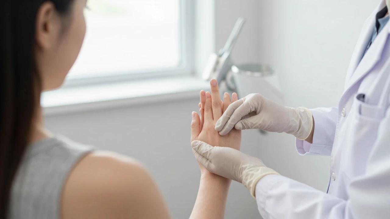 Una ginecóloga explica delicadamente técnicas de higiene a una paciente en una consulta médica.
