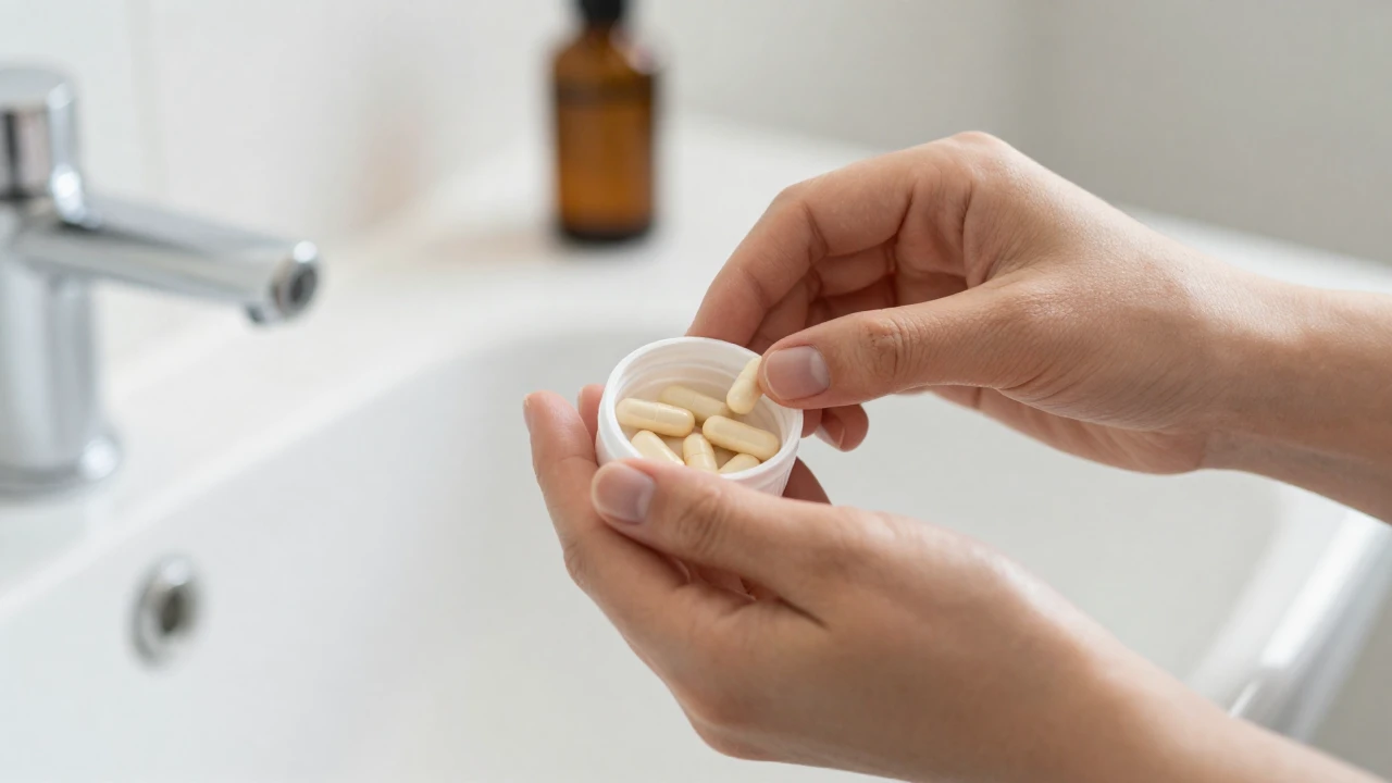 Manos sostienen un bote de cápsulas probióticas en un baño con ambiente relajante.