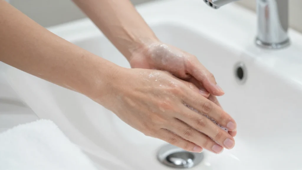 Manos lavando suavemente el abdomen bajo con agua y jabón en un baño.