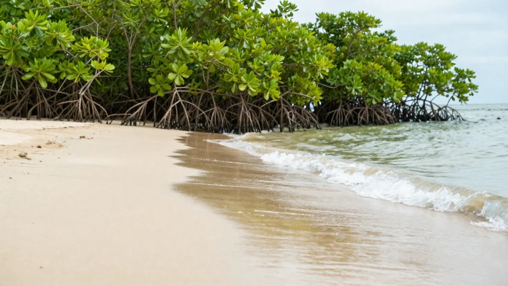 Raíces de mangle emergen en una playa arenosa