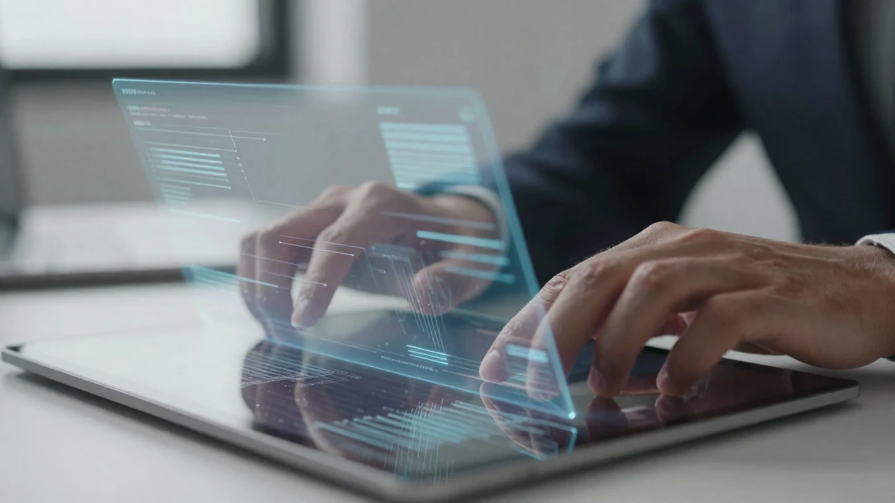 Manos interactúan con una representación holográfica de datos en una oficina moderna.
