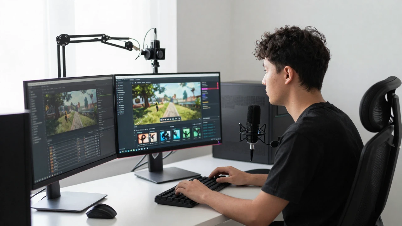 Un joven transmite videojuegos en una oficina en casa bien iluminada y equipada.